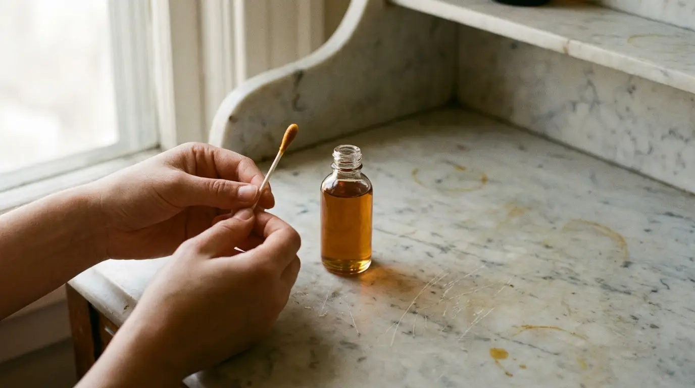 Hands holding cotton swab next to small amber bottle on marble surface