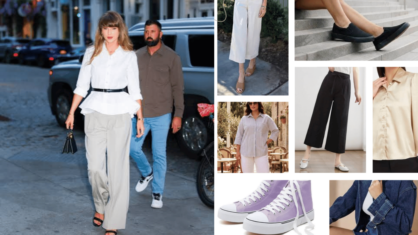 Taylor Swift inspired casual team off-site outfit with white blouse, belted trousers, and relaxed professional style