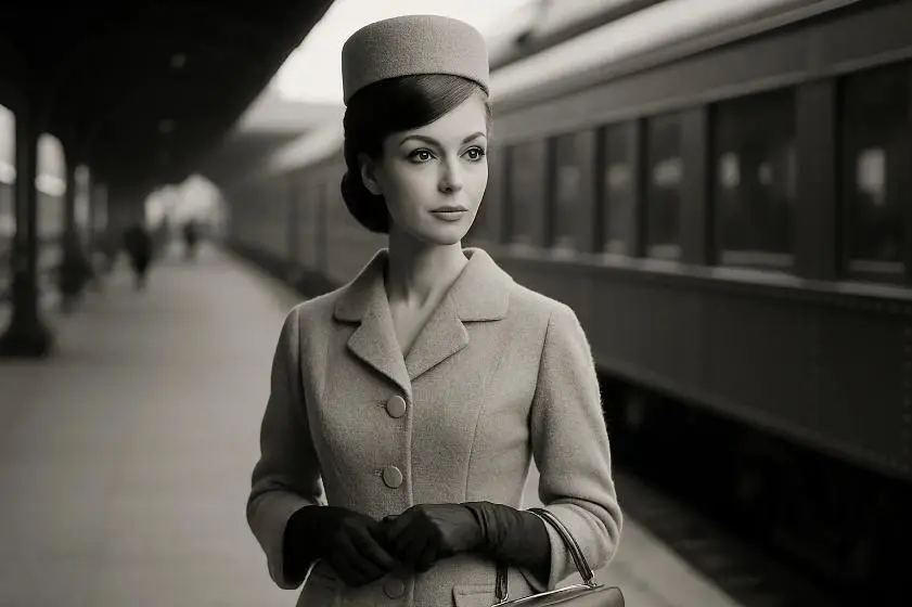 Elegantly dressed woman in vintage attire standing at a train station platform