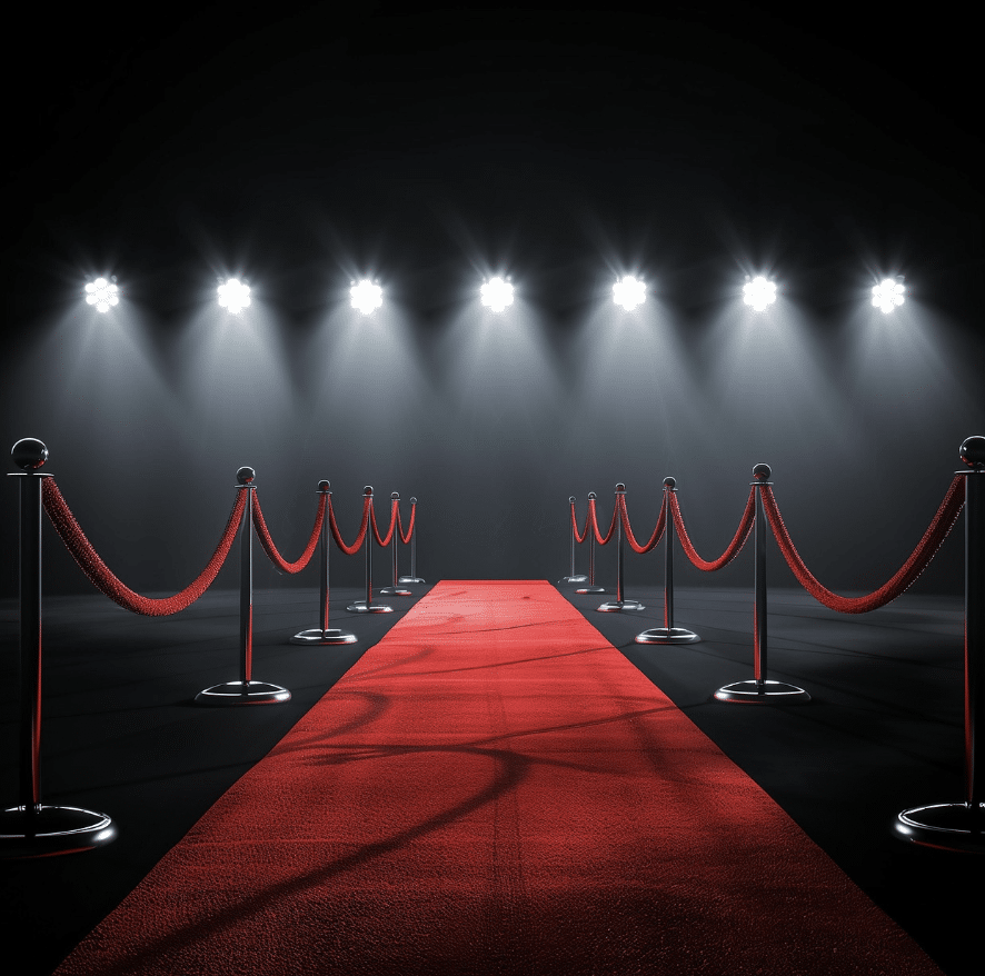Red carpet with rope barriers under bright spotlights in a dark elegant setting
