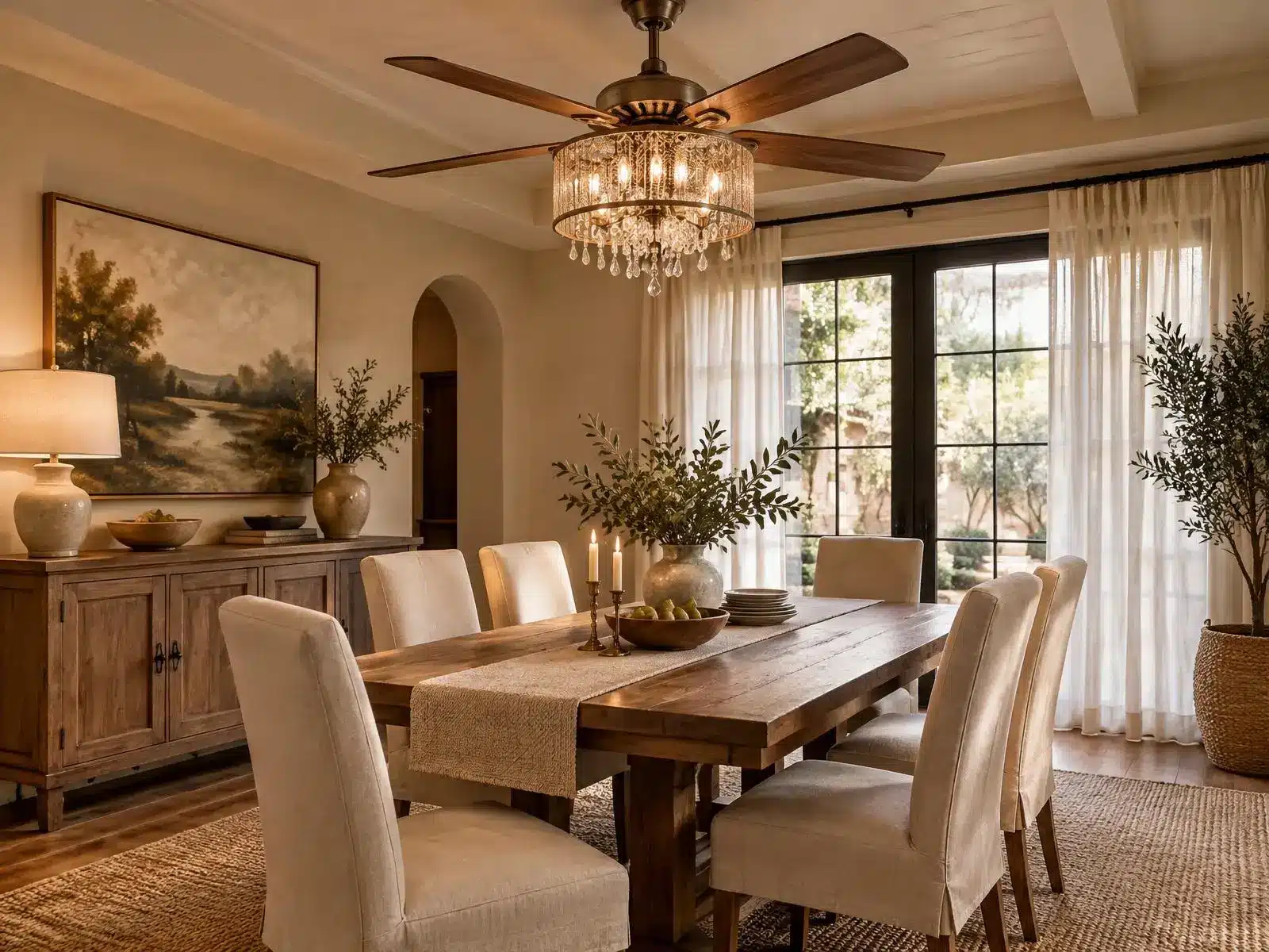 Elegant dining room with wooden table, upholstered chairs, large window, and chandelier lighting