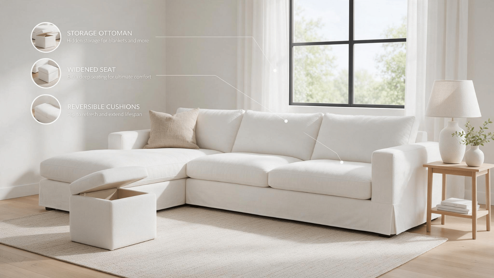 Modular sofa showing storage ottoman, reversible cushions, and quality construction details