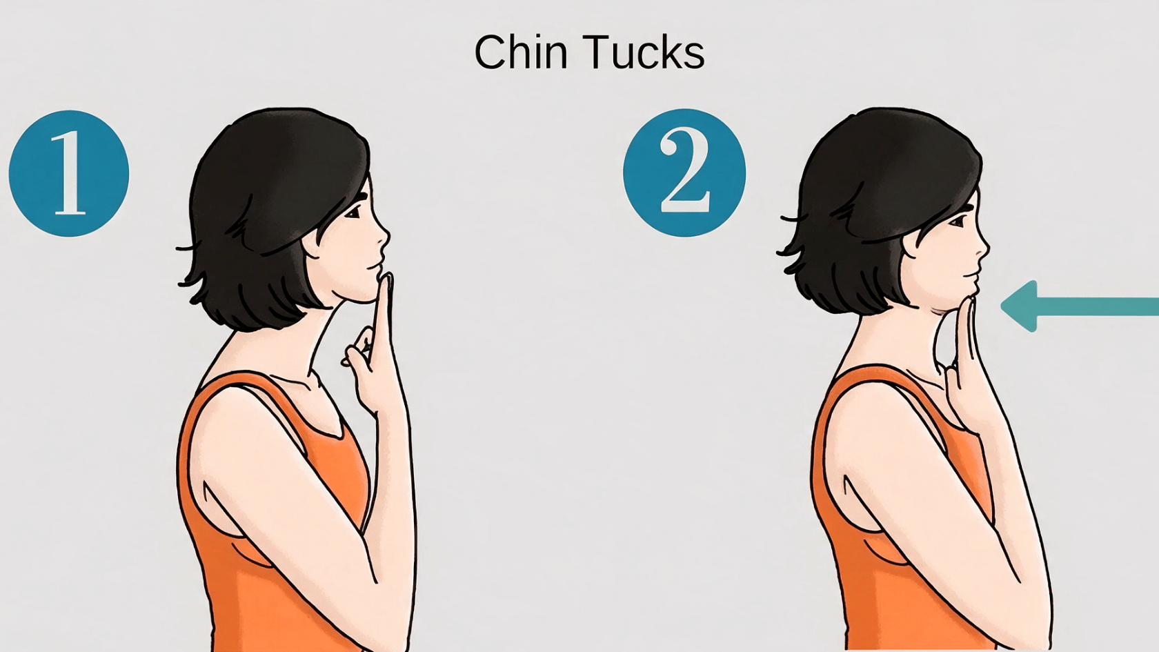 Woman demonstrating a two-step chin tuck exercise to improve neck posture and alignment.
