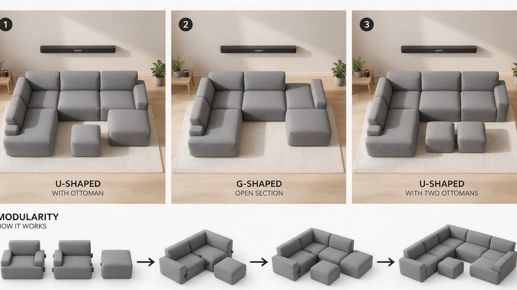 Modular sofa configurations showing different layouts and flexible sectional arrangements