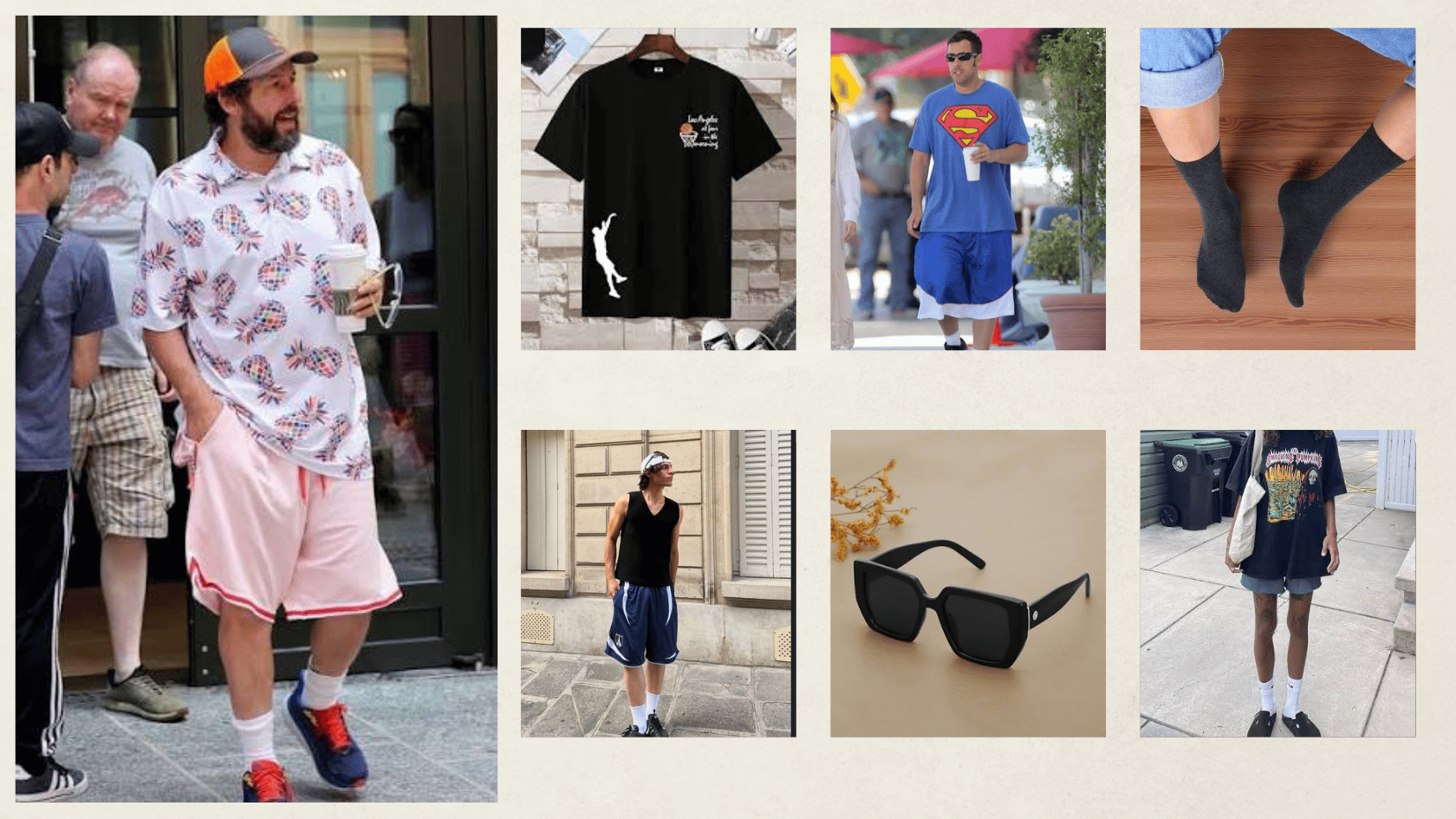Adam Sandler-inspired classic baggy T-shirt with basketball shorts, crew socks, and sneakers.