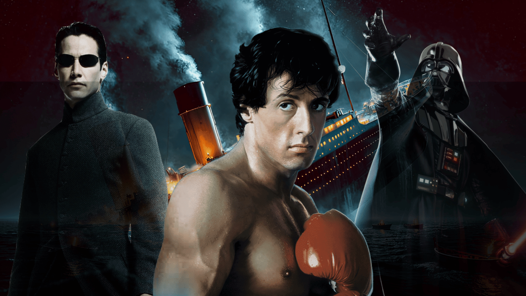 Characters from completely different legendary movie franchises: Neo from The Matrix, Rocky Balboa from Rocky III, the sinking ship from Titanic, and Darth Vader from Star Wars