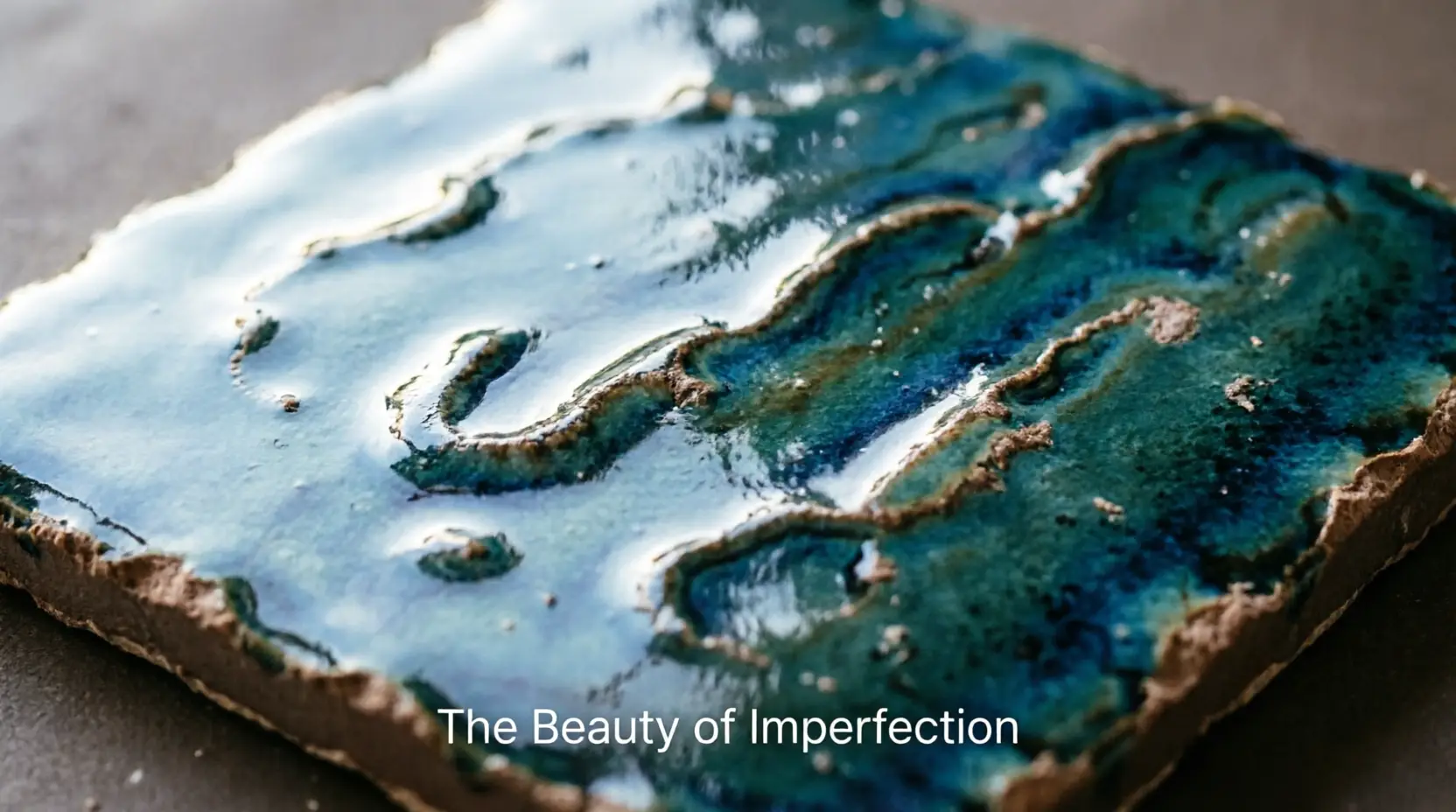 Ceramic tile with glossy uneven blue-green glaze texture on a dark surface