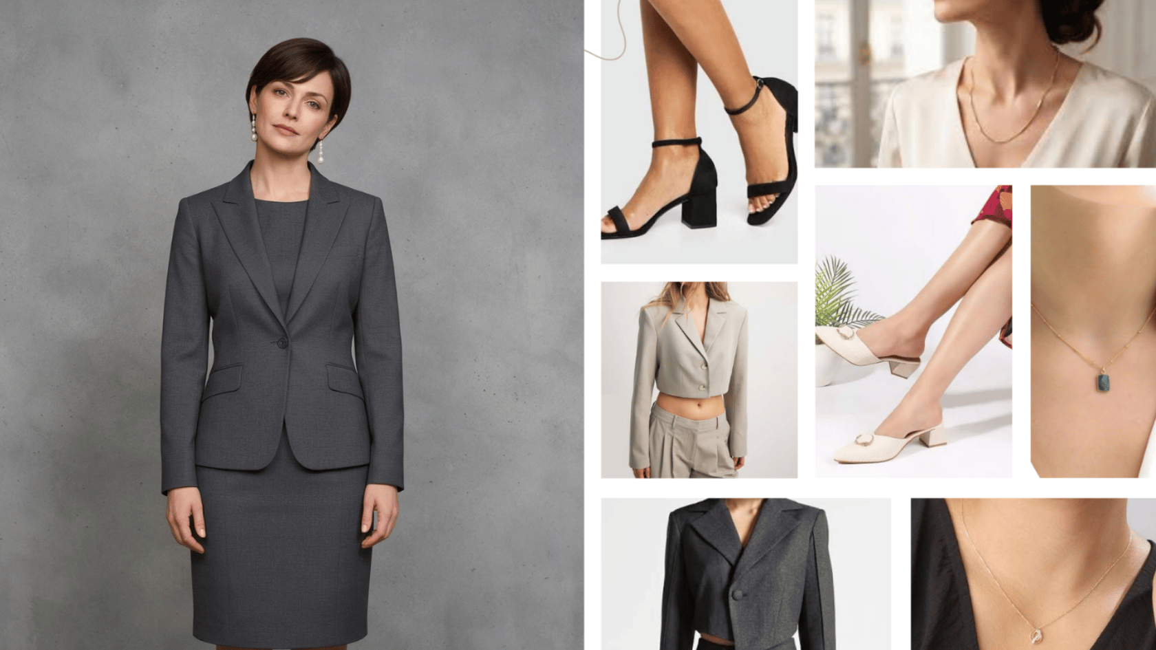 Client meeting outfit with tailored gray suit, heels, and professional styling ideas