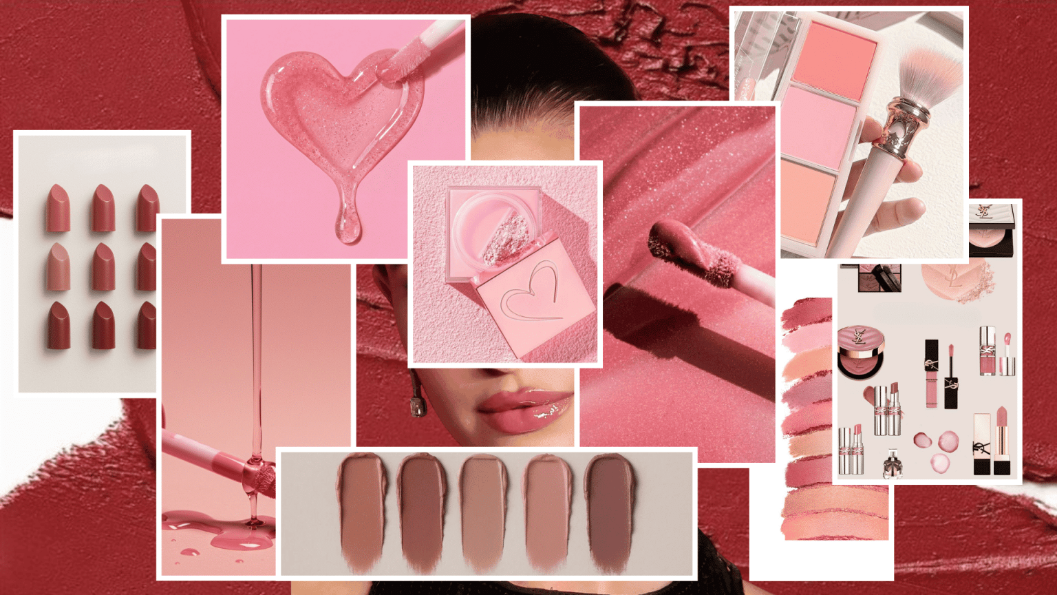 Soft Summer makeup products including muted pink and mauve lipsticks, soft rose blushes, and cool-toned eyeshadows.