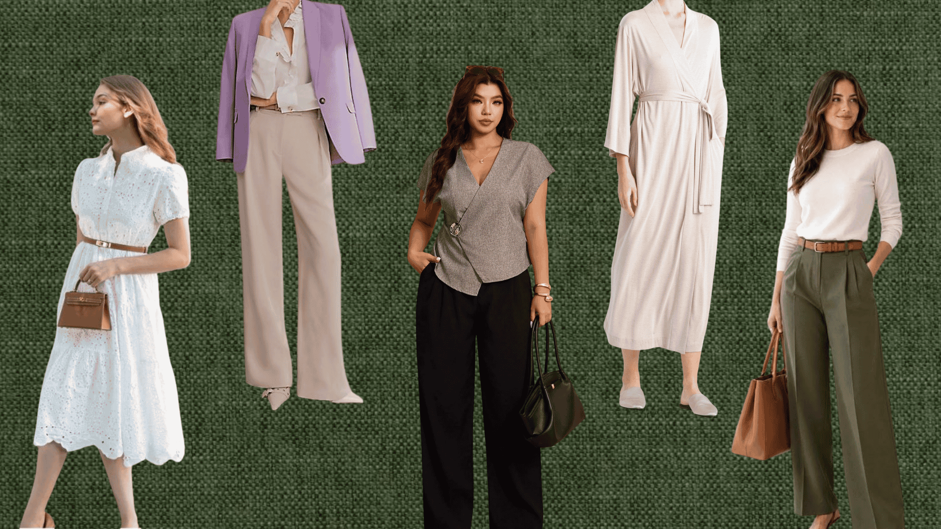 collage of women’s business casual outfits featuring dresses, tailored trousers, blazers, and neutral-toned office-ready styles