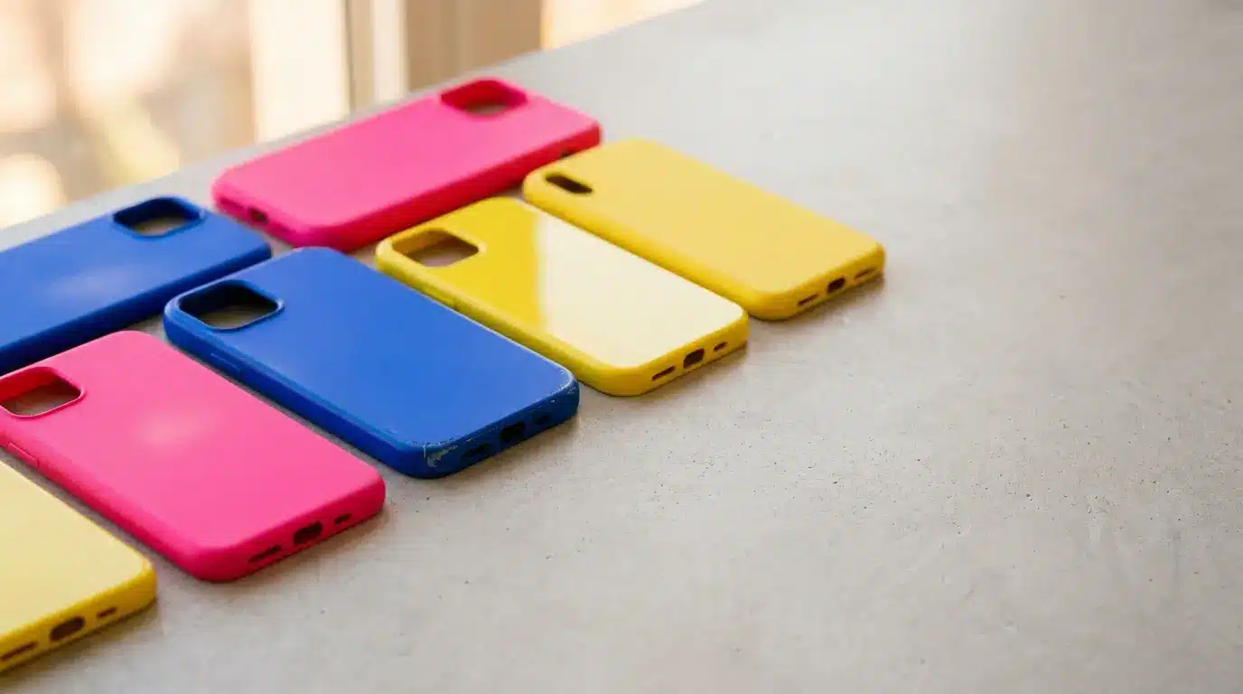 Colorful phone cases in pink, blue, and yellow laid out on a light surface