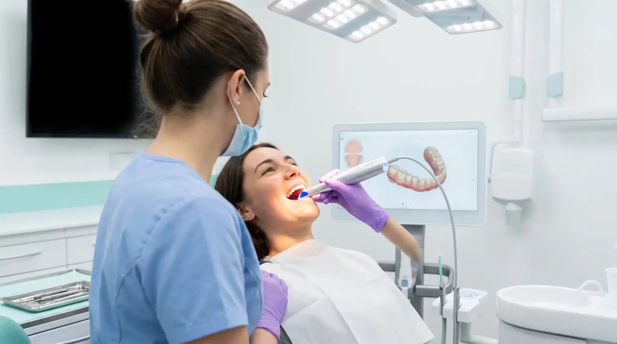 Dental hygienist using an intraoral scanner on patient in modern dental office