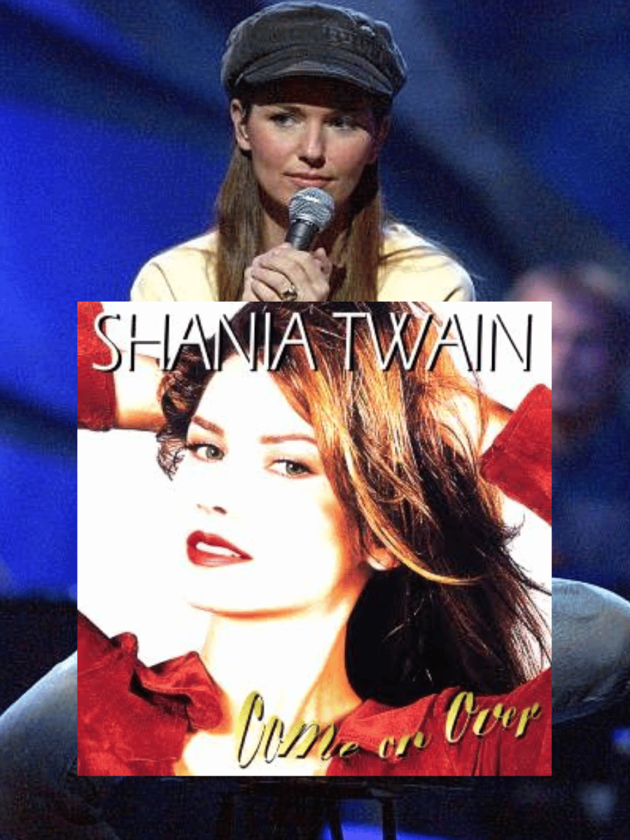 Shania Twain Come On Over album cover displayed over a live performance photo.