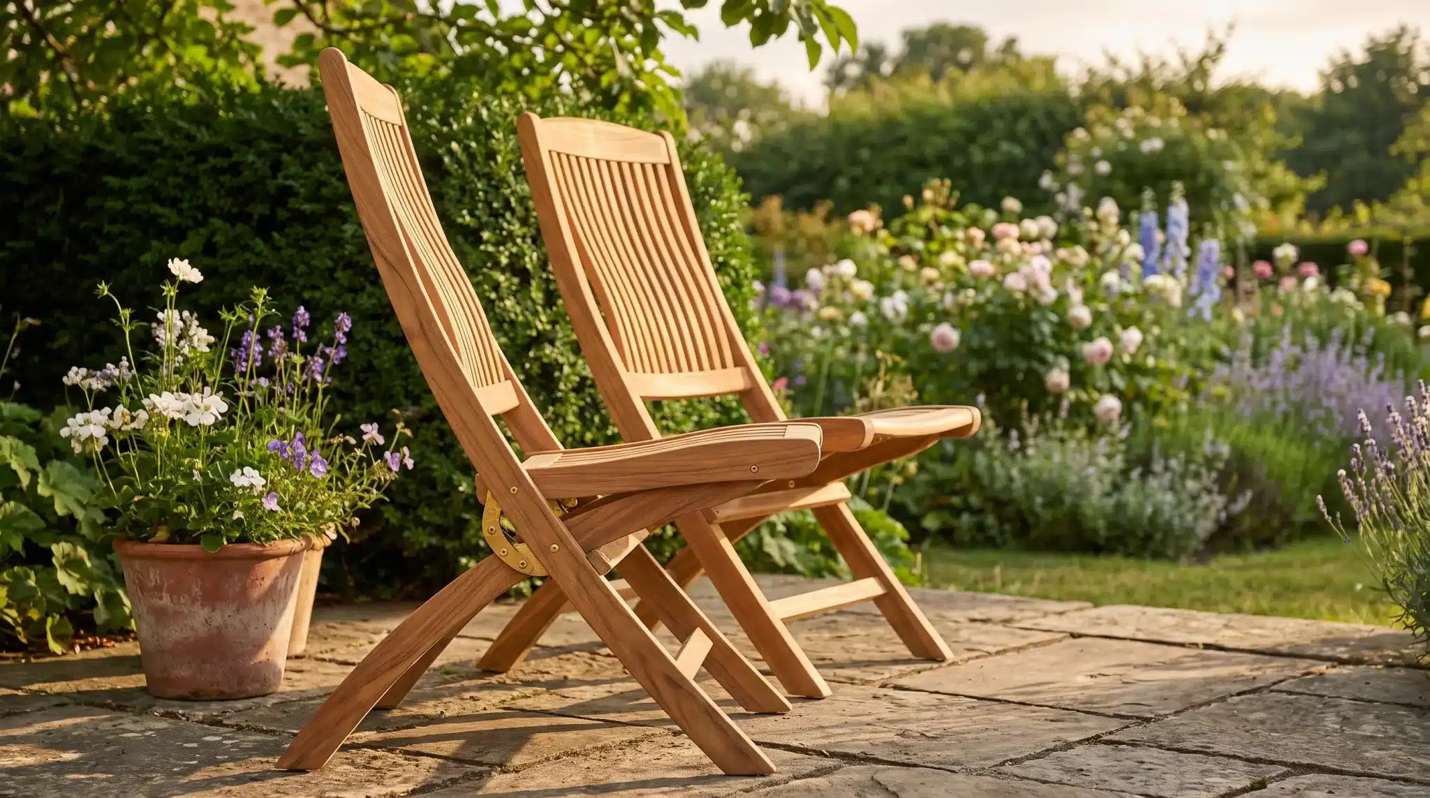 Two wooden chairs on stone patio in lush garden with blooming flowers