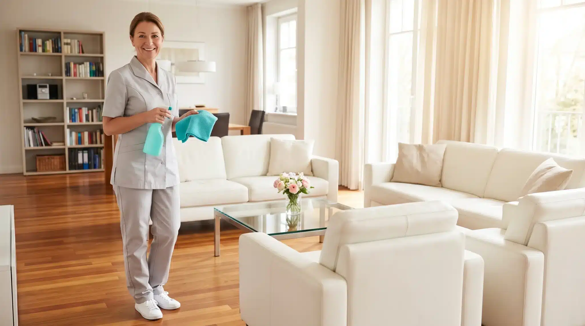 Woman in uniform cleaning modern living room with spray bottle and cloth