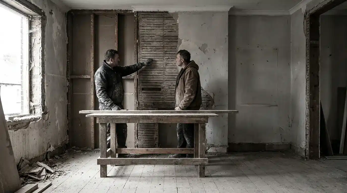 Two men discussing renovation inside a partially demolished room with exposed walls and wooden floor