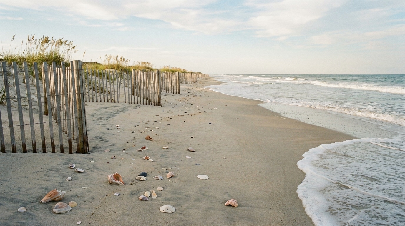 Seashells and sand dunes along a sandy beach with wooden fence and ocean waves