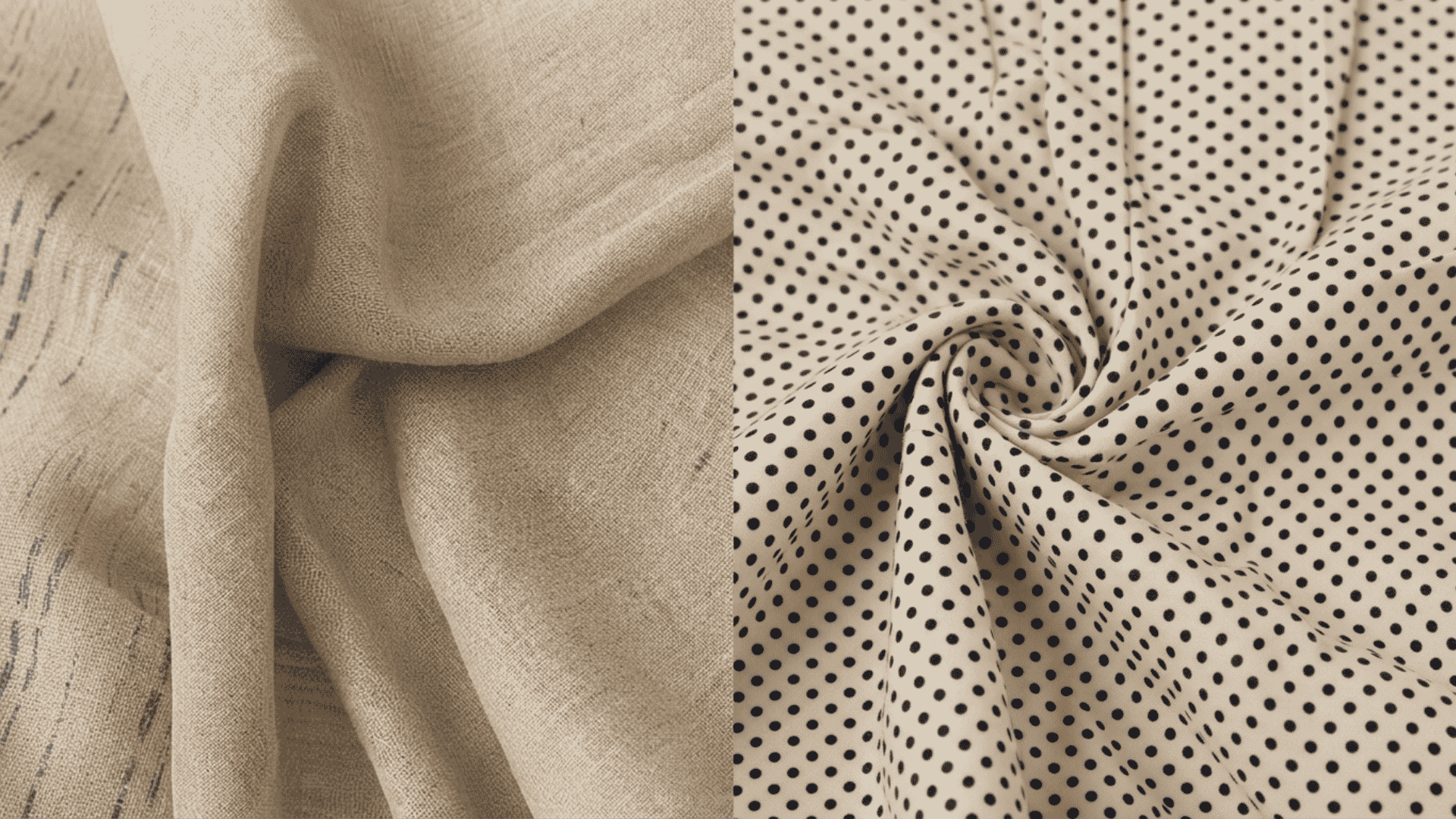 Two pieces of fabric: cotton and linen; a solid, textured beige and a neutral-colored fabric.