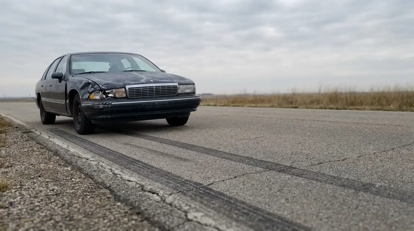 A damaged black sedan parked on a deserted highway under cloudy skies