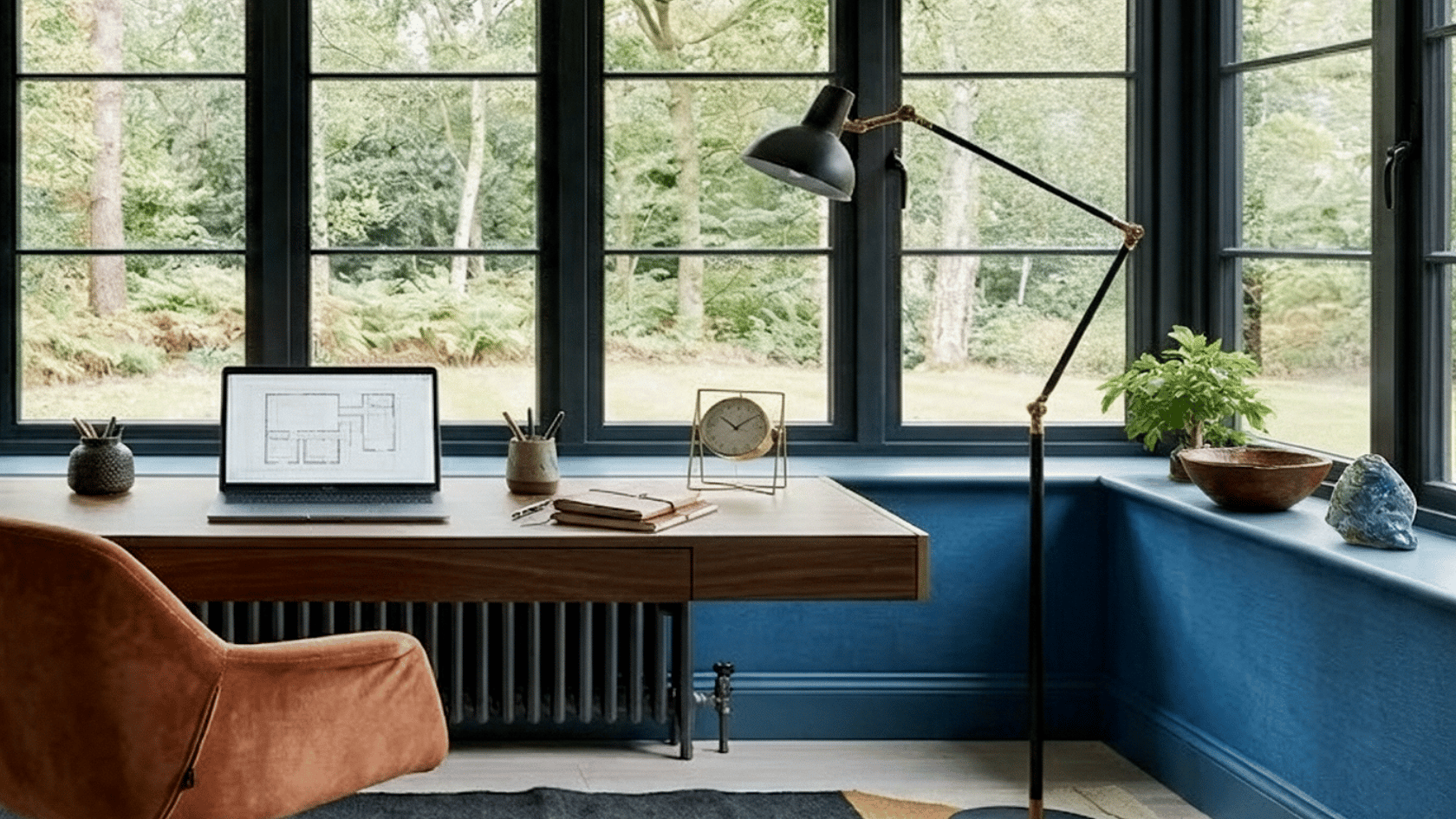 Wealth corner with intentional décor, wooden desk, plants, and balanced Feng Shui office layout.