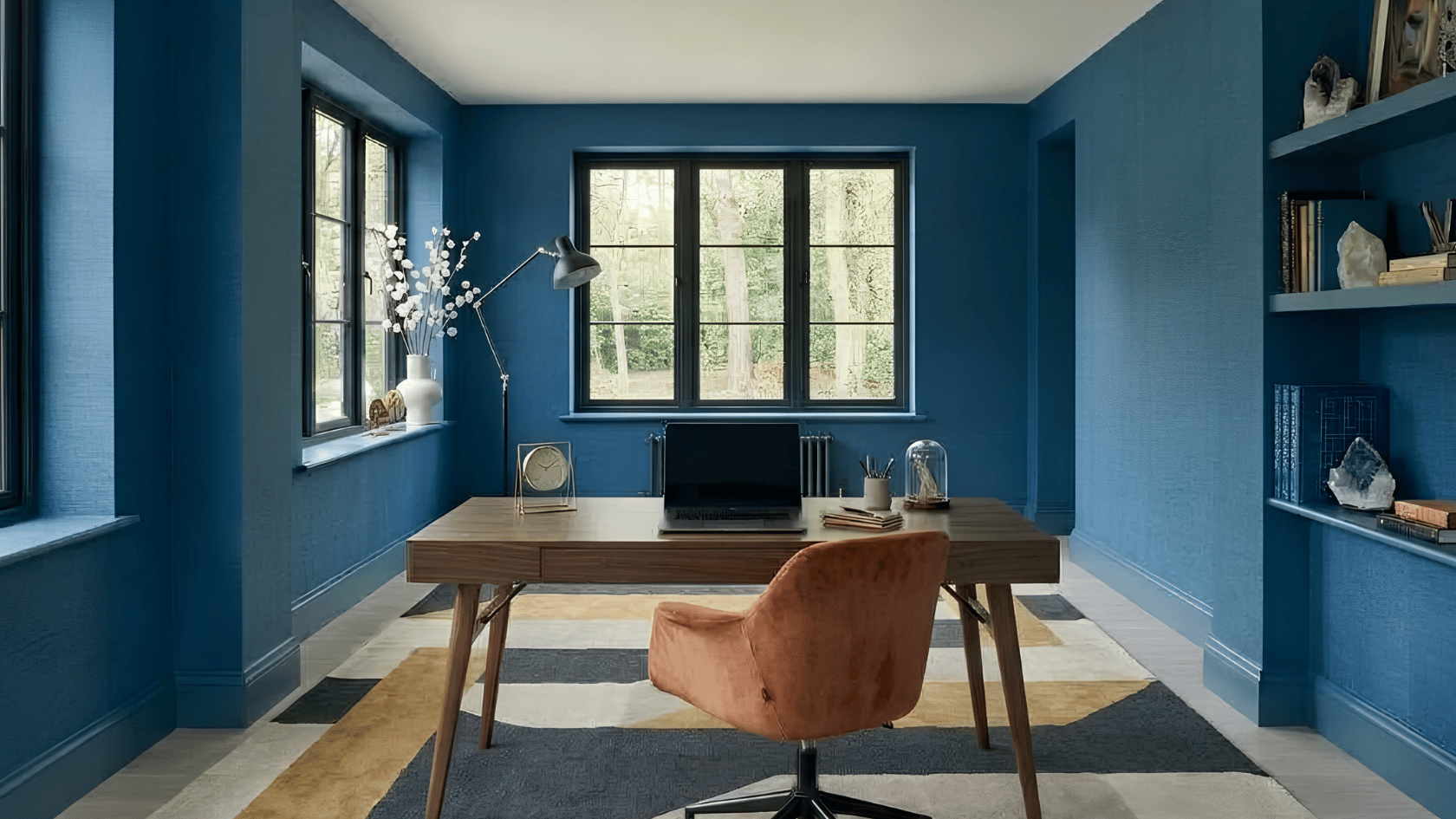 Open office space in front of a desk with clear pathways and balanced Feng Shui layout.
