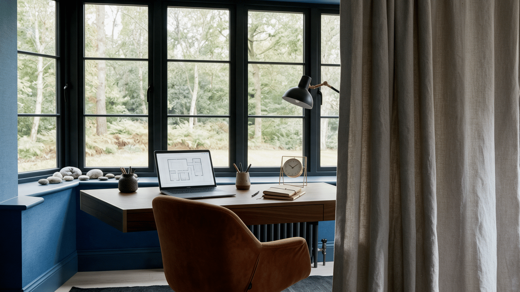Bedroom office with separate work area, desk placement, and organized space division.