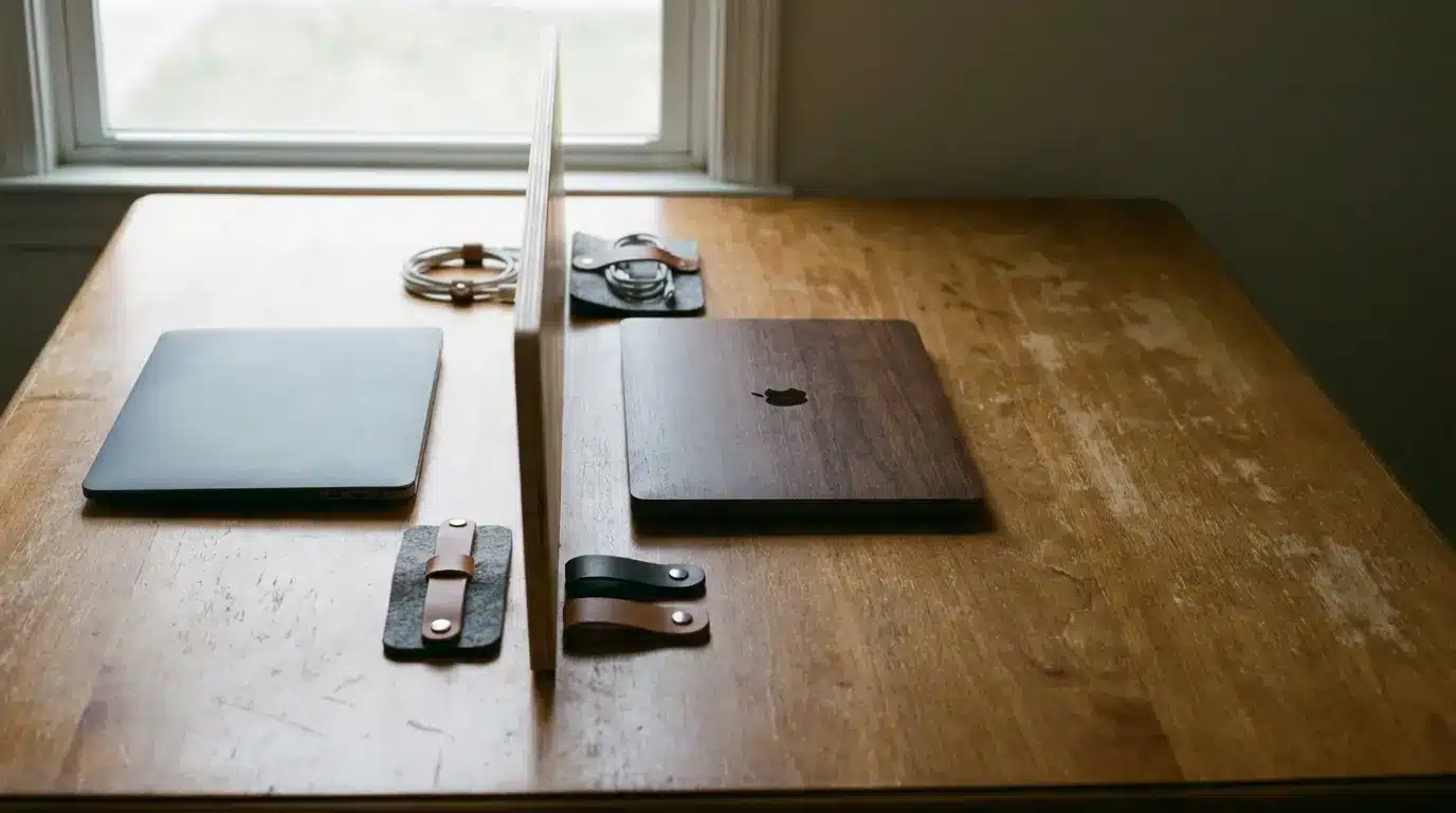 Laptops with wooden covers facing each other on shared wooden desk near window
