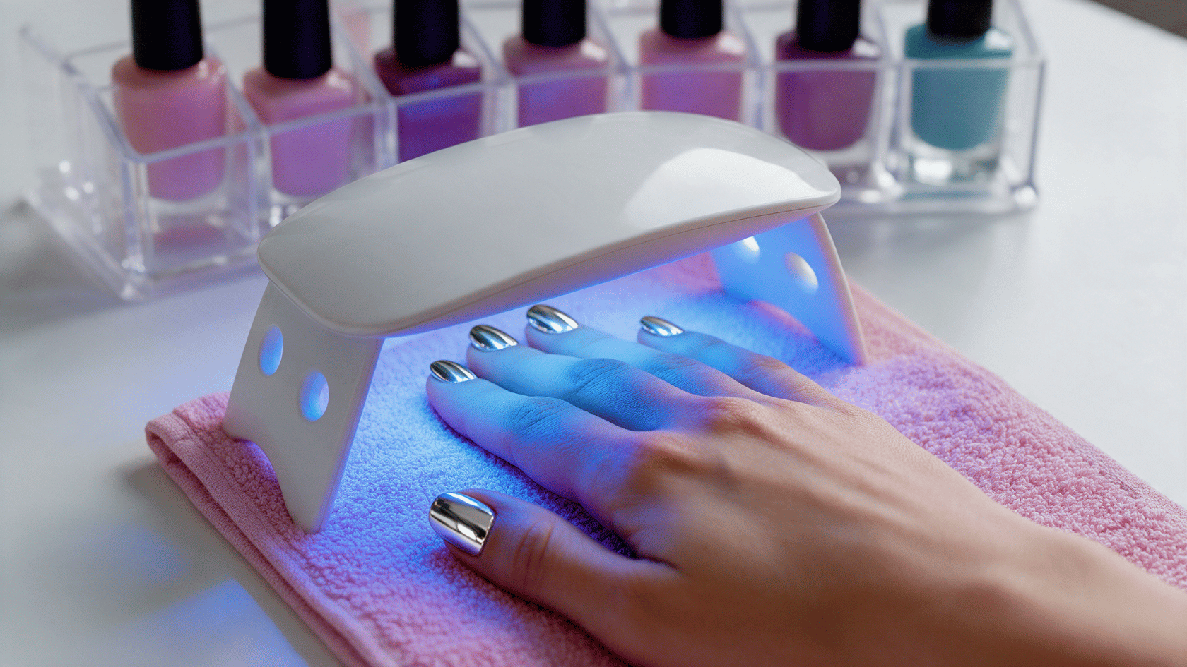 Curing and finishing a chrome manicure under a UV nail lamp for a glossy look