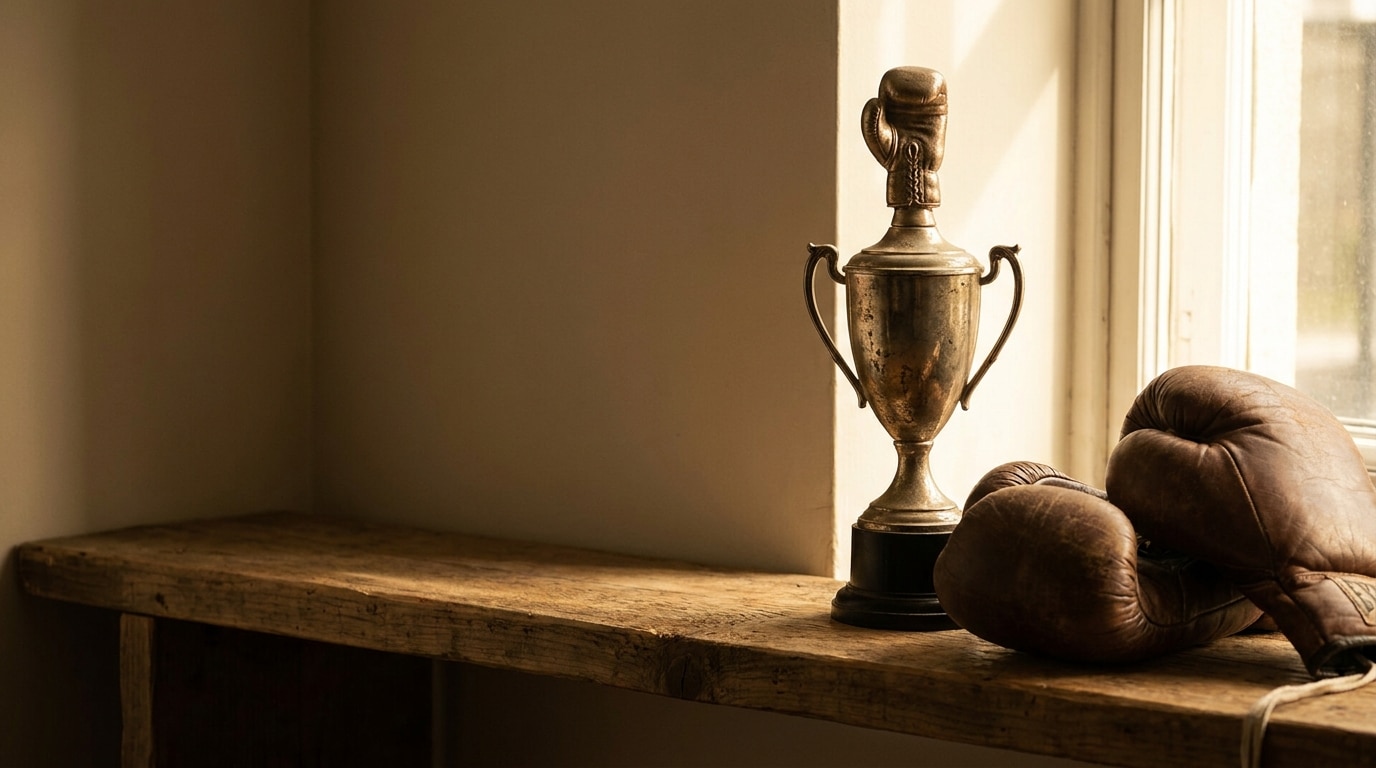 Boxing trophy and gloves on rustic wooden shelf in sunlit room