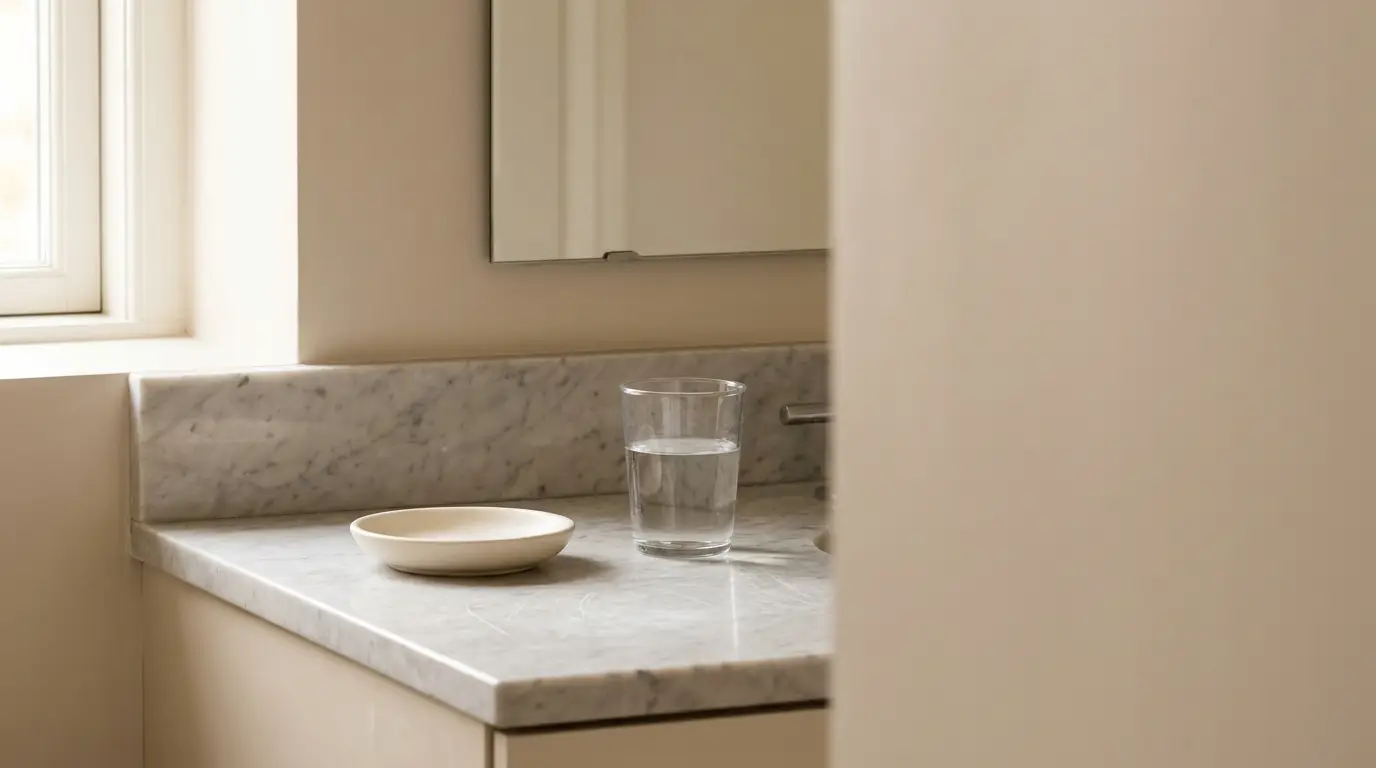 Marble bathroom countertop with glass of water and ceramic dish under soft lighting