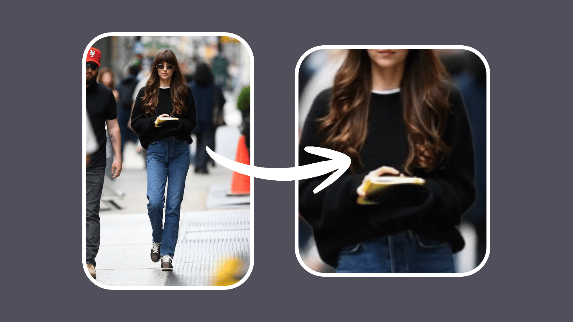 Dakota Johnson wearing a beige crew-neck sweater and jeans in a business-casual office setting.