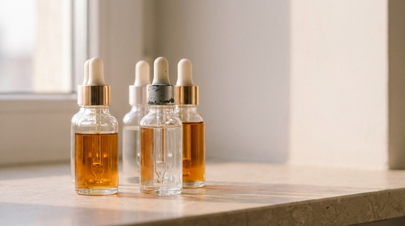 Glass dropper bottles with golden liquid on marble countertop in warm sunlight
