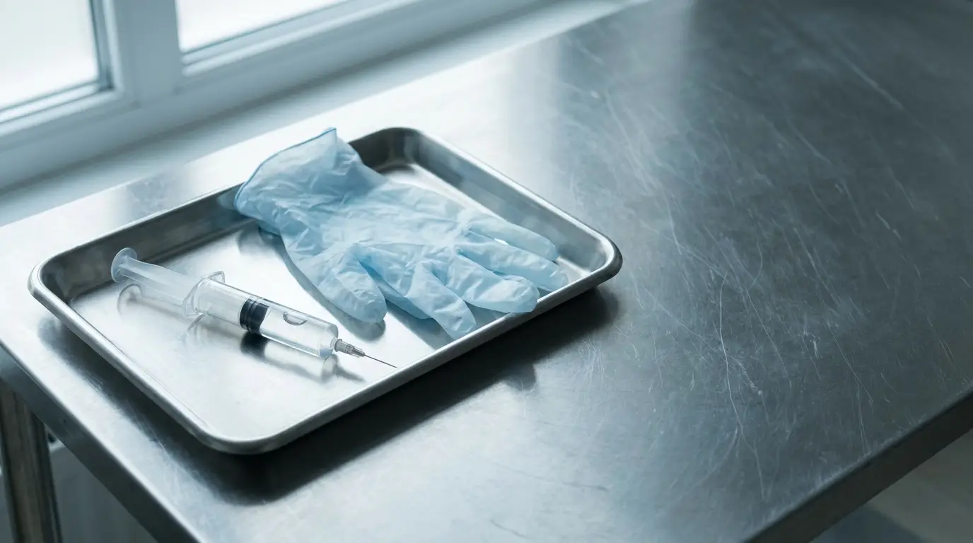 Syringe and blue latex gloves on metal tray in sterile clinical setting