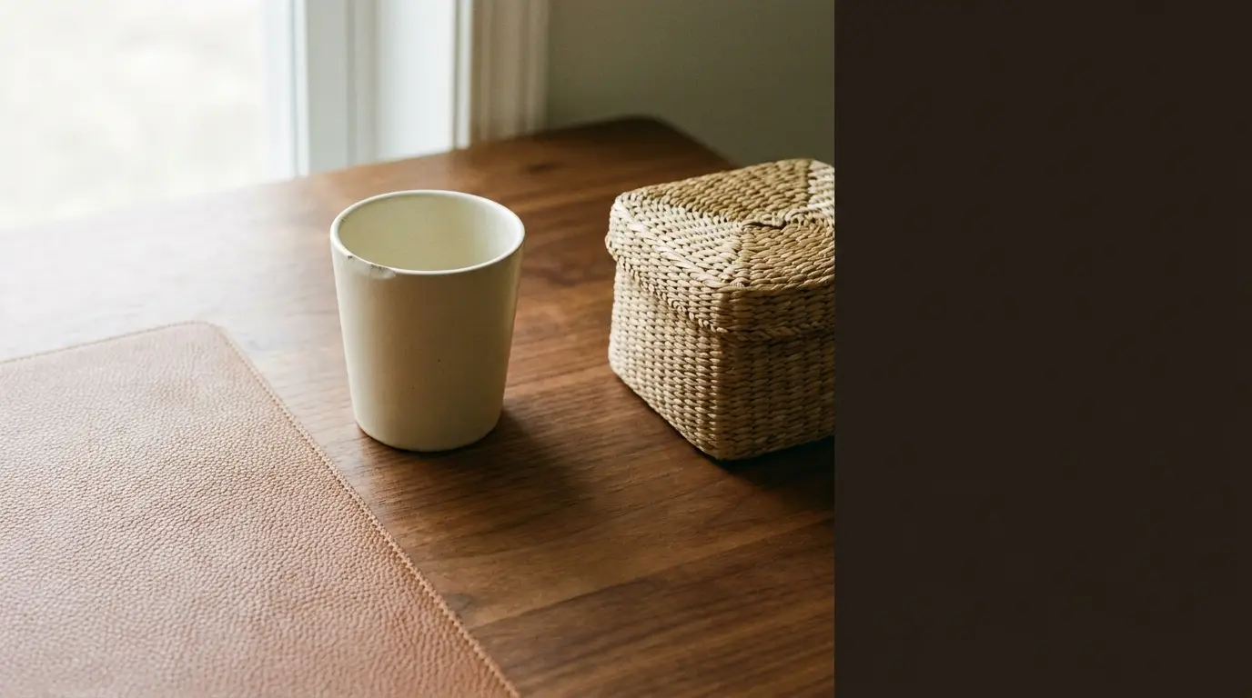 White ceramic mug and wicker basket on wooden desk with leather mat in natural light