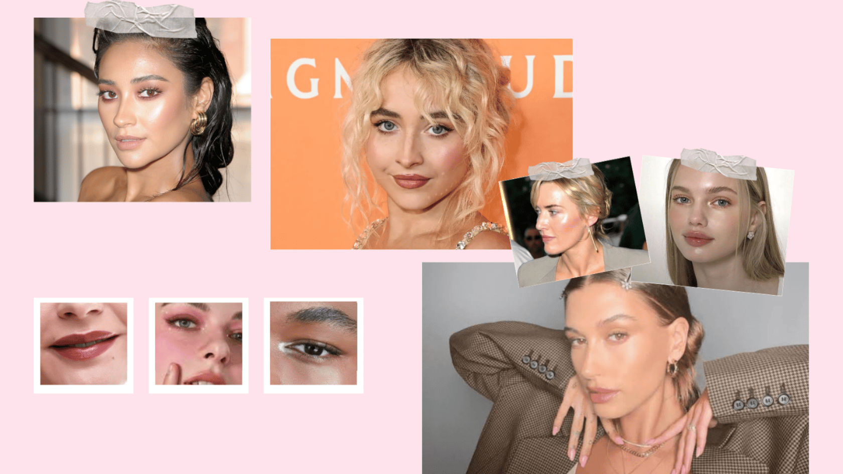 Dewy makeup inspiration: Shay Mitchell, Sabrina Carpenter, Kate Winslet and Hailey Bieber.