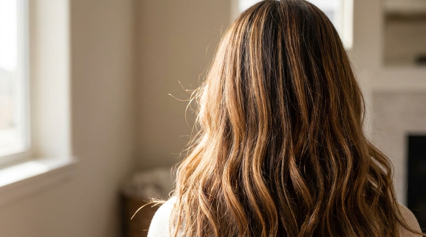 Long wavy brown hair on woman in sunlit room