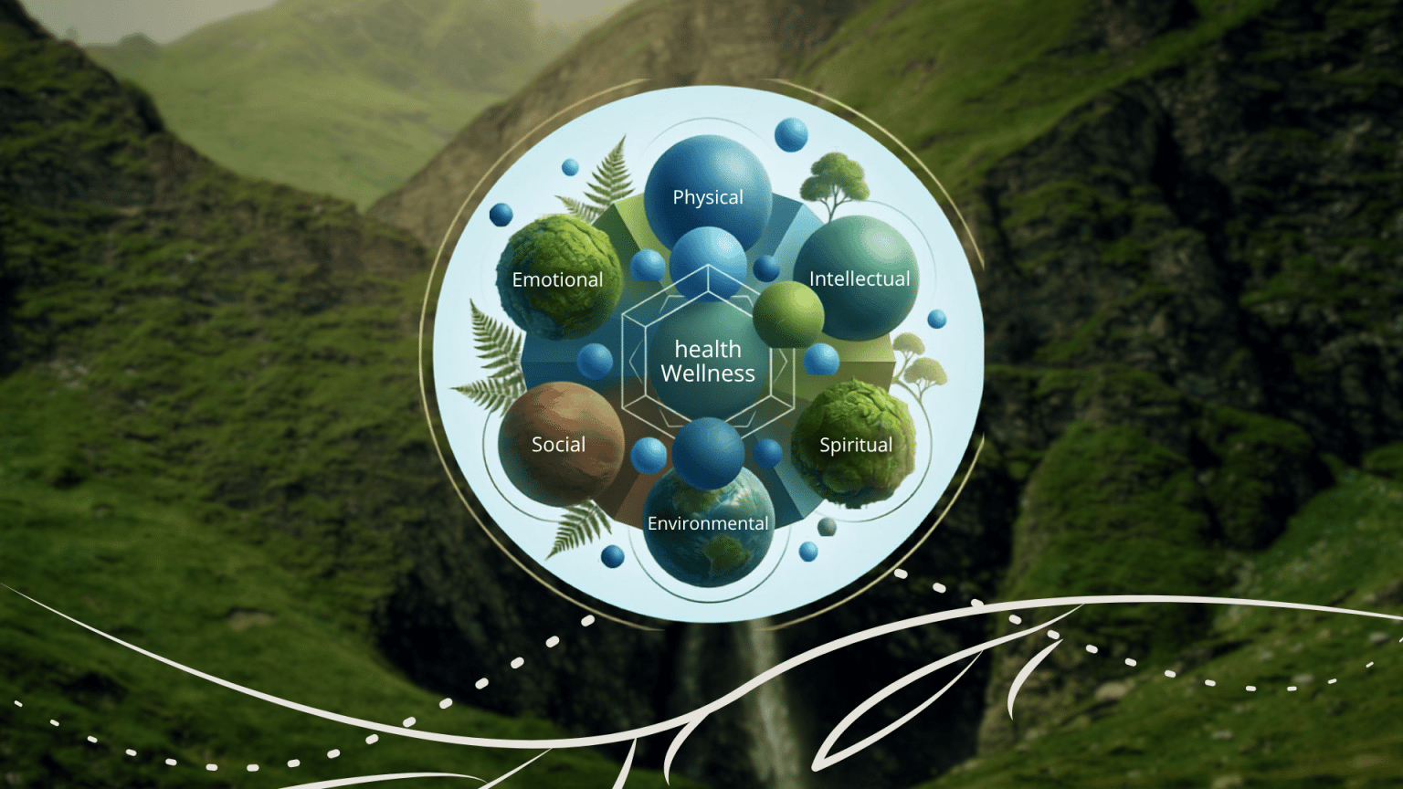 Wellness diagram showing physical, emotional, social, intellectual, spiritual, and environmental health areas