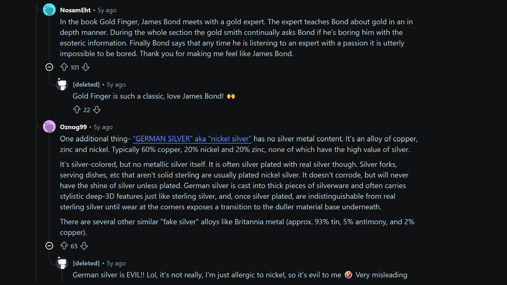 Reddit discussion explaining German silver, nickel silver, and alloys without actual silver content.