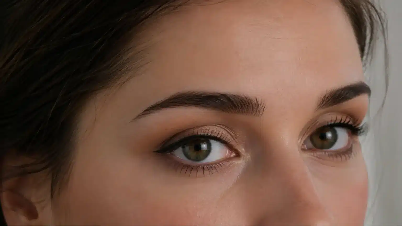 Close-up of a woman with deep set eyes, defined brows, soft eyelid makeup, and natural shadowing around the eye area.