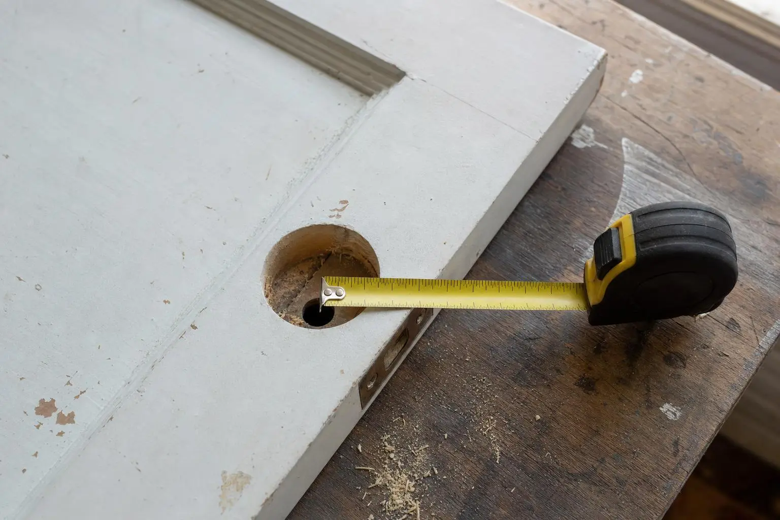 Measuring tape extended across wooden table with drilled door hole in workshop setting