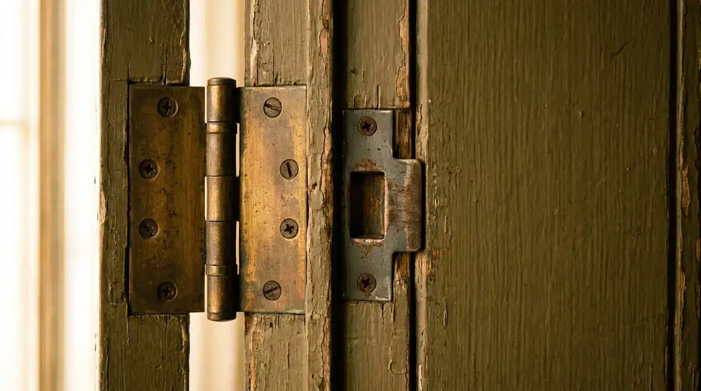 Rustic brass hinge on weathered wooden door with peeling paint in warm lighting