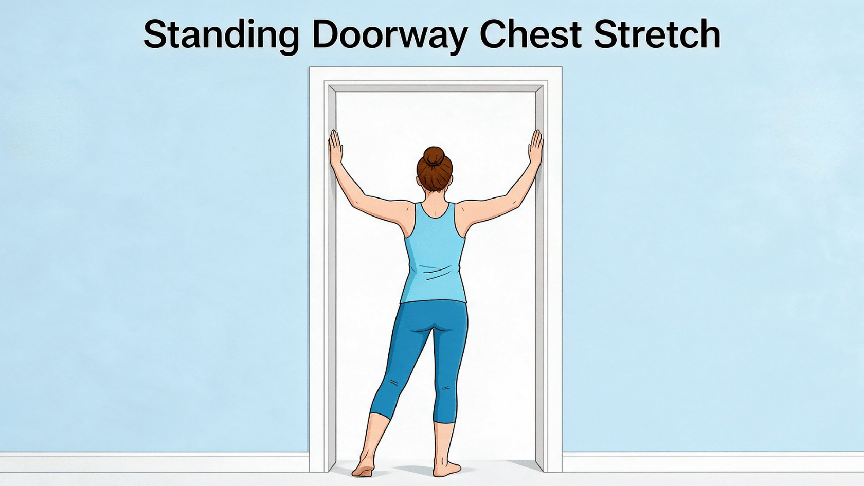 Woman performing a standing doorway chest stretch with arms braced against the doorframe.