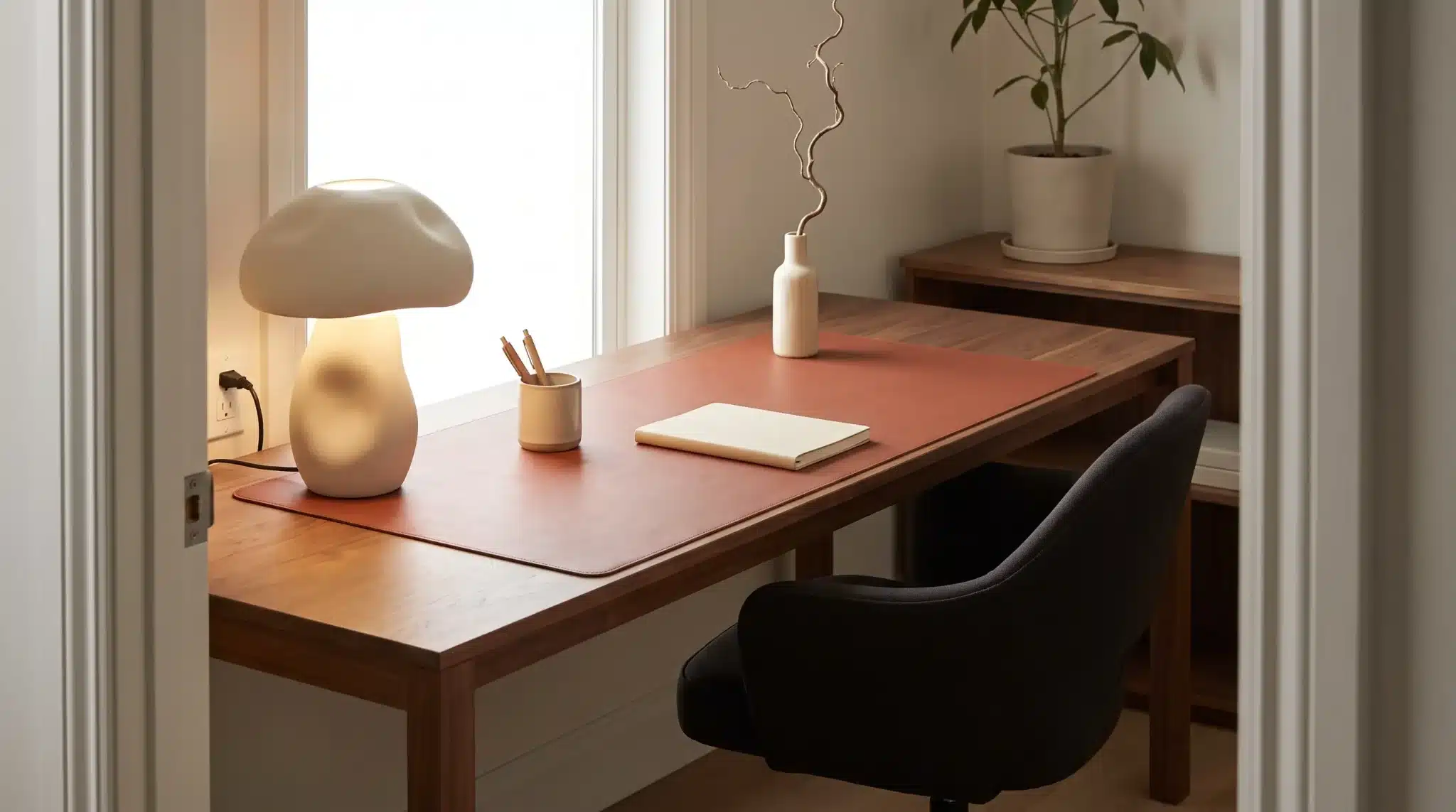 Warm, minimalist workspace with mushroom-shaped lamp, notebook, and potted plant on wooden desk