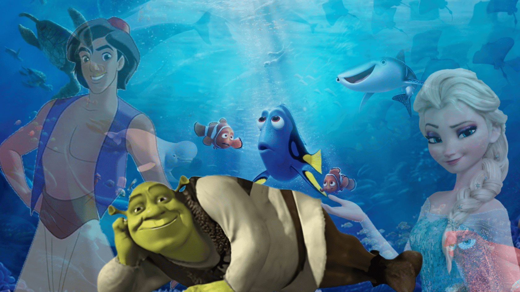 Aladdin, Shrek, Elsa, and underwater characters from Finding Nemo in a vibrant ocean scene collage.