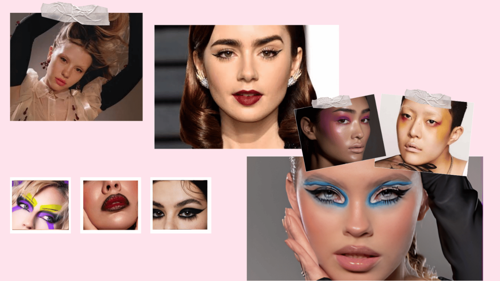 Editorial makeup looks featuring Lily Collins and Mia Goth with bold eyes and statement lips.