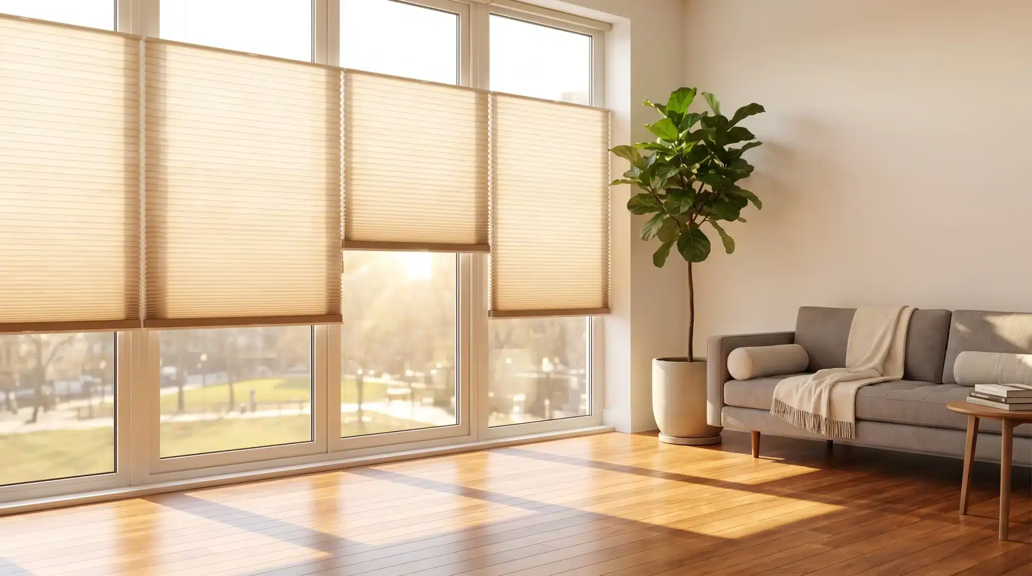 Beige blinds and potted plant beside gray sofa in sunlit living room