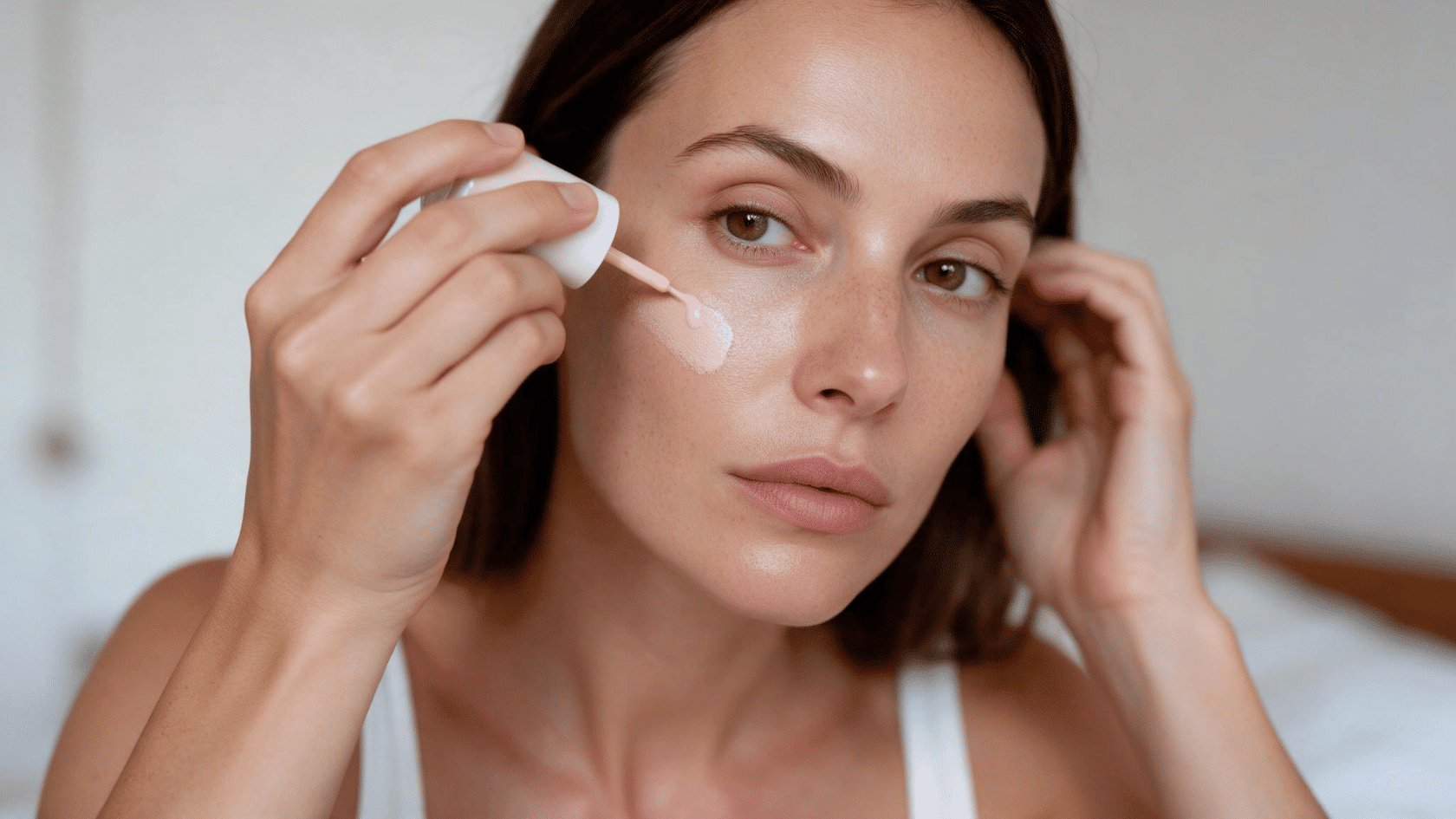 Woman applying liquid sheer tint to her cheek with a dropper during her makeup routine.