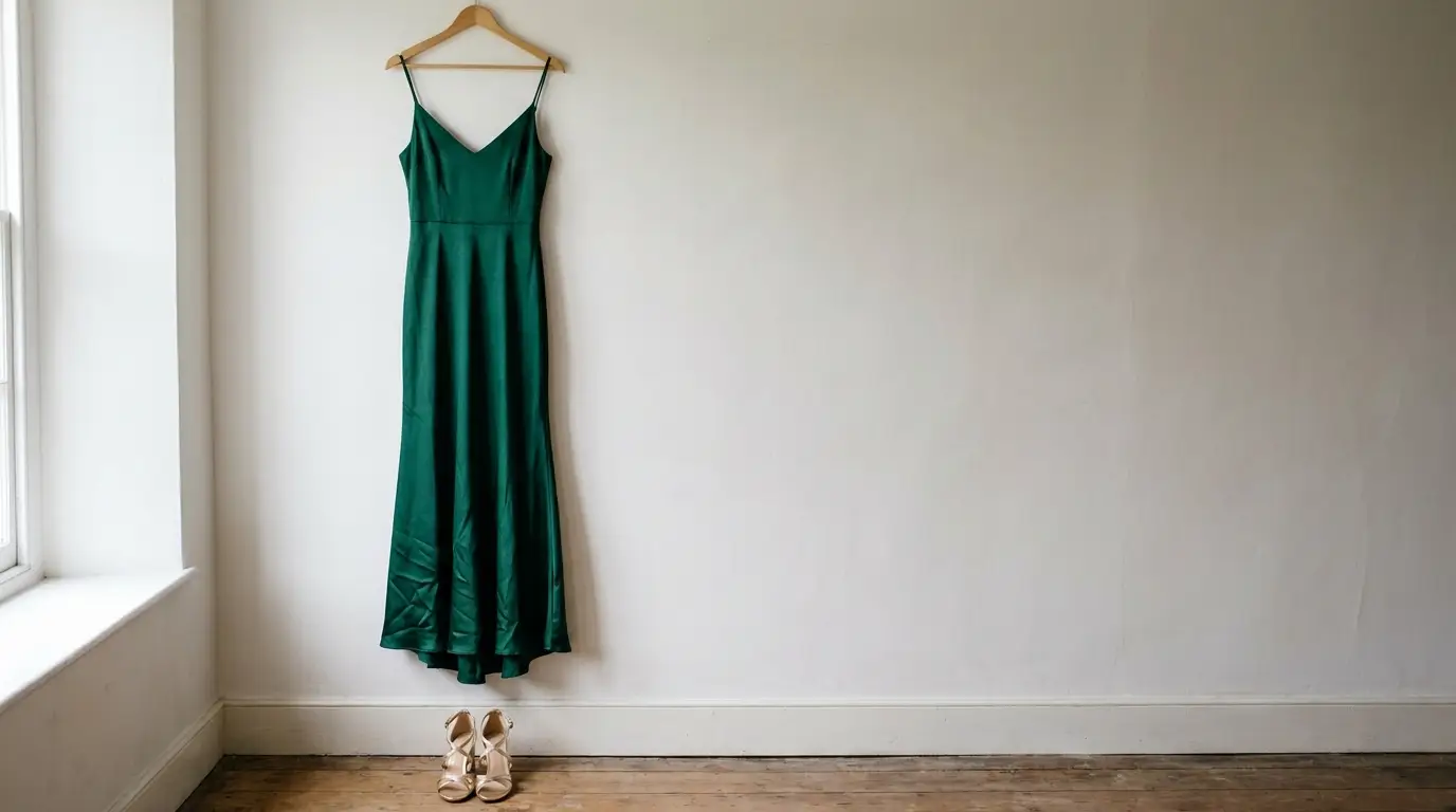 Green dress on wooden hanger and beige shoes against a plain wall in a minimalist room