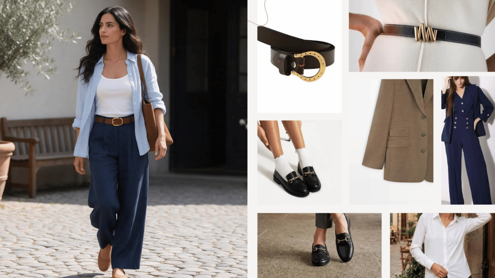 Everyday office look with navy trousers, white top, blue shirt, belt, and loafers styling ideas