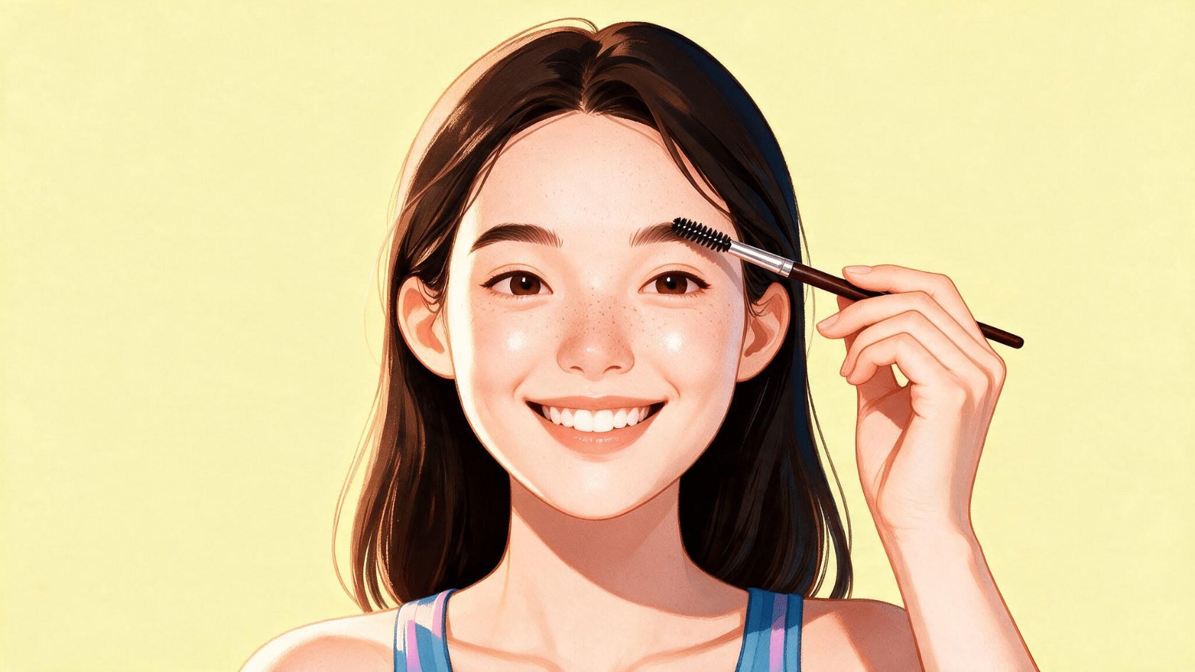 Illustration of a woman brushing her eyebrows with a spoolie for a natural makeup and beauty routine